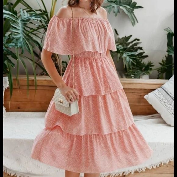 Cold-Shoulder Ruffled Dress with Flounce Overlay Peach